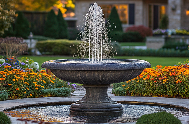 landscaping-unlimited-decorative-fountains Stone urn water fountain bubbling in a flower-filled front garden, representing decorative water feature installation in Fairfield County, CT