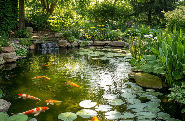 landscaping-unlimited-garden-ponds Backyard koi pond with lily pads, aquatic plants, and natural stone edging, showcasing custom garden pond installation in Monroe, CT