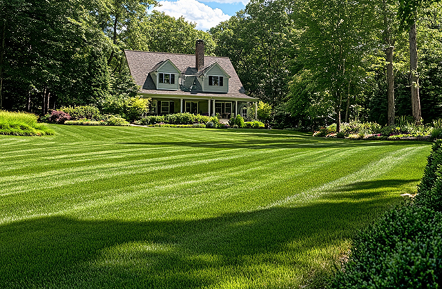 landscaping-unlimited-lawn-installation-and-care Freshly mowed residential lawn with trimmed edges and green grass, highlighting lawn care services in Monroe, CT