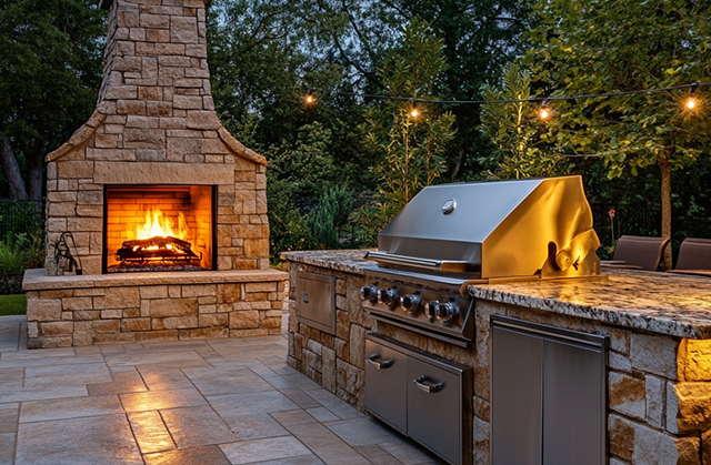 landscaping-unlimited-outdoor-kitchens Stone outdoor kitchen and fireplace on a backyard patio, showcasing high-end hardscape features in Monroe, CT