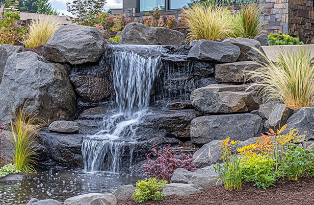 landscaping-unlimited-pondless-waterfalls Natural stone pondless waterfall with hidden reservoir, surrounded by mulch and low-maintenance plants, ideal for compact landscape design in Connecticut