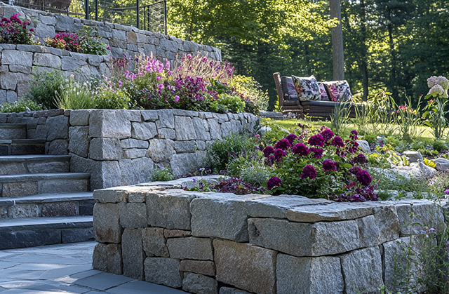 landscaping-unlimited-retaining-walls Stone retaining wall with integrated garden tiers and patio seating, highlighting slope control and aesthetic design in Southern CT