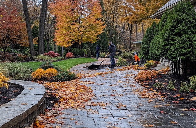 landscaping-unlimited-seasonal-cleanups Landscaper cleaning up yard debris during seasonal maintenance, highlighting full-service landscape care in Fairfield County, CT
